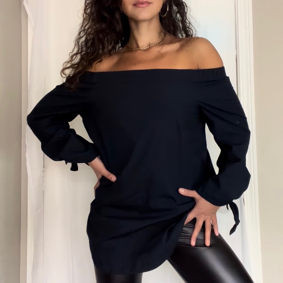 Free People Black Off Shoulder Tie Flare Sleeve Boho Tunic Long Sleeve Blouse - Picture 4 of 5